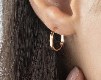 Tiny Flat Circle Hoops, Small Geometric Hoop Earrings, 9K 14K 18K Solid Gold, Everyday Simple Hoops, Minimalist Gift for Her