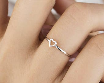 Small Gold Heart Ring, White Gold Heart Frame Band, 9K 14K 18K White Gold Ring, Tiny Love Ring, Romantic Gift for Girlfriend, Thin Band