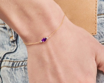 Oval Amethyst and Tiny White Diamonds, 9K 14K 18K Bracelet in Yellow White or Rose Gold, Natural Gemstone Jewelry, Elegant Birthday Gift