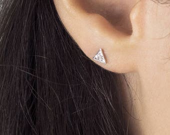 Tiny Diamond Earrings, Small White Gold Triangles, Geometric Earrings, 9K 14K 18K Gold Earrings, Luxury Gift For Her, White Natural Diamonds