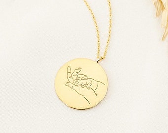Mother and Baby Hand Gesture Pendant, 9K 14K 18K Solid Gold Necklace, Both Sides Engravable, Personalized Handwriting