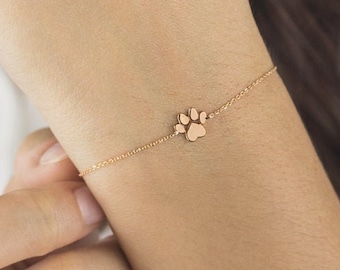 Tiny Paw Print Bracelet, 9K 14K 18K Rose Gold Bracelet, Dog Paw Print, Small Solid Gold Paw Charm, Cat Paw Print, Animal Jewelry, Woman Gift