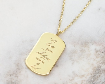 Gold Handwritten ID Charm, 9K 14K 18K Yellow Gold Necklace, Engraved ID, Personalized Jewelry, Custom Bar Pendant, Handwriting Gift For Her