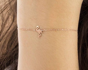 Small Flamingo Bracelet, 9K 14K 18K Gold Bracelet, Rose Gold, Pink Flamingo Charm, Flamingo Jewelry, Dainty Exotic Bird, Gift For Daughter