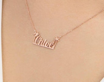 Palm Trees and Name Necklace, 9K 14K 18K Solid Gold, Custom Name or Word, Personalized Tropical Gift for Her, Exotic Charm, Summer Gift Idea