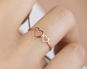 Double Heart Ring, 9K 14K 18K Gold Ring, Rose Gold, Two Hearts Frame Ring, Gold Romantic Love Ring, Gift For Girlfriend, Heart Jewelry