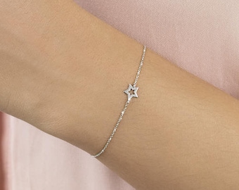 Small Star Charm, 9K 14K 18K Gold Bracelet, White Gold, Celestial Bracelet, Gold Star Frame, Dainty Gift For Her, Thin Cable Chain