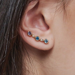 London Blue Topaz, Swiss Blue Topaz, Iolites, Diamonds, 9K 14K 18K Solid Gold Climber Earrings, Natural Gemstone Jewelry, Gift for Woman