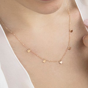 Tiny Gold Hearts Necklace, 9K 14K 18K Rose Gold Necklace, Multiple Hearts, Dangling Charms Necklace, Love Jewelry, Romantic Gift For Her
