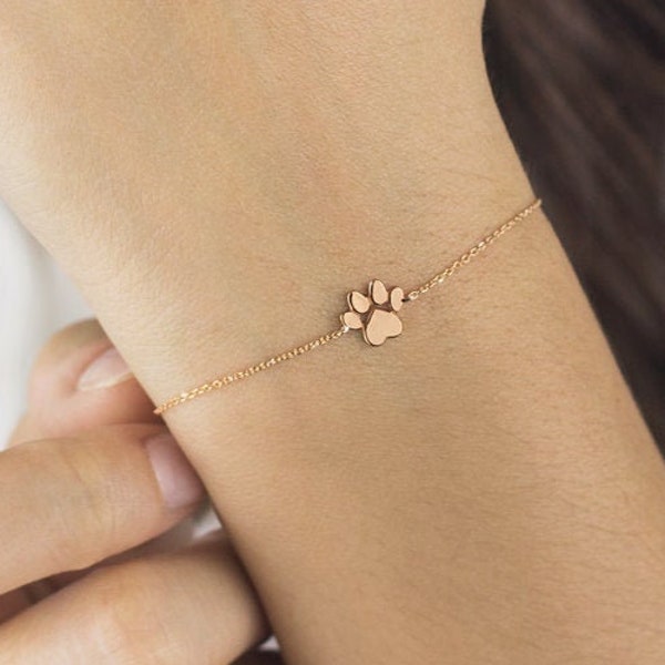 Tiny Paw Print Bracelet, 9K 14K 18K Rose Gold Bracelet, Dog Paw Print, Small Solid Gold Paw Charm, Cat Paw Print, Animal Jewelry, Woman Gift