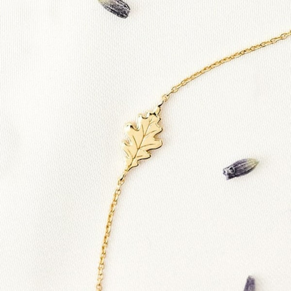 Small Dainty Oak Leaf Bracelet, Solid Gold Cable Chain, Flower Girl Bracelet, Solid Gold Gift