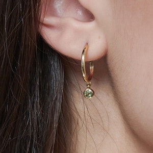 Dainty Hoop Earrings with Tiny Peridot, 9K 14K 18K Gold Hoops, Dangling Natural Gemstone, August Birthstone Jewelry, Birthday Gift for Her