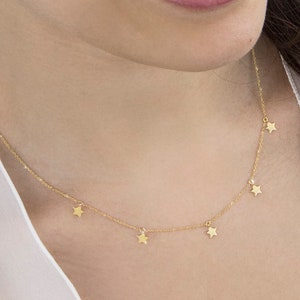 Tiny Gold Stars Necklace, 9K 14K 18K Gold Necklace, Yellow Gold, Multiple Star Charms, Dangling Drop Charms, Celestial Jewelry, Gift For Her