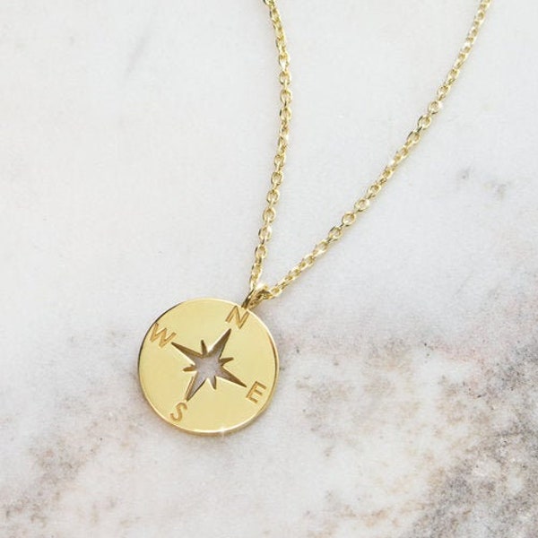 Dainty Compass Charm, 9K 14K 18K Gold Necklace, Yellow Gold, Solid Gold Disc Pendant, Nautical Jewelry, Travel Charm, Engraved Gift For Her