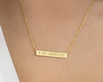 Roman Numeral Bar Necklace, Significant Date, Wedding Date, 9K 14K 18K Solid Gold, Personalized Gift, Gold Bar Necklace, Real Gold Necklace