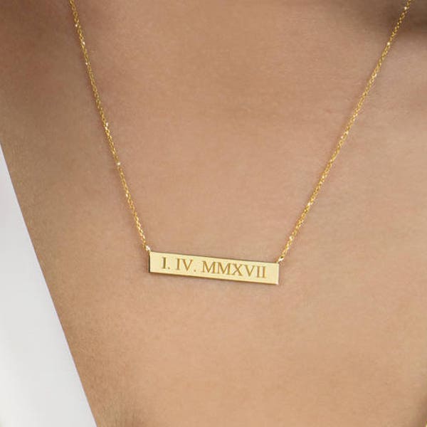 Roman Numeral Bar Necklace, Significant Date, Wedding Date, 9K 14K 18K Solid Gold, Personalized Gift, Gold Bar Necklace, Real Gold Necklace