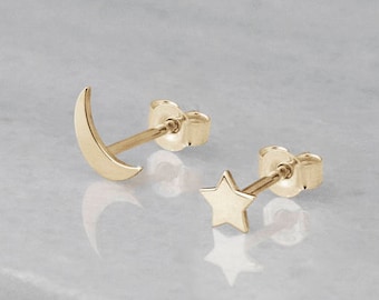 Tiny Gold Moon and Star Studs, Mismatched Earrings, 9K 14K 18K Solid Gold, Mix and Match Gift for Her