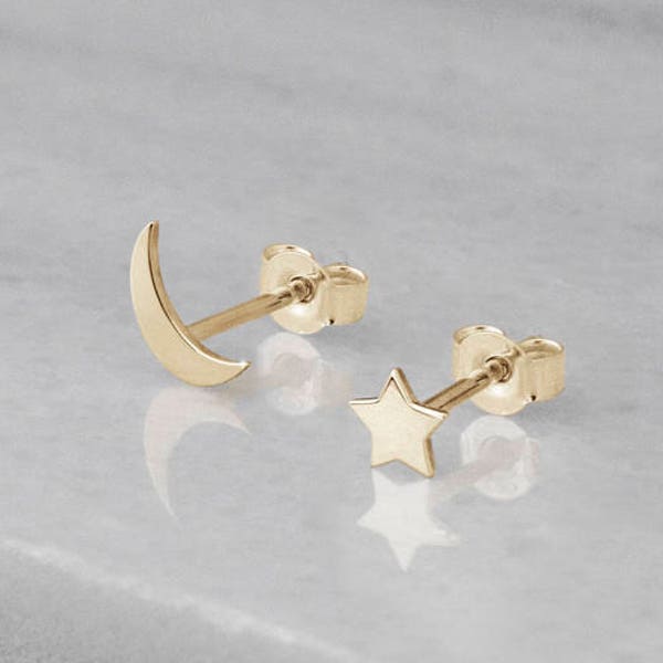 Tiny Gold Moon and Star Studs, Mismatched Earrings, 9K 14K 18K Solid Gold, Mix and Match Gift for Her