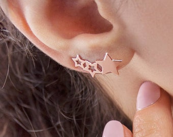 Dainty Star Climbers, Three Star Earrings, 9K 14K 18K Solid Gold, Gift for Woman, Triple Gold Star, Celestial Jewelry