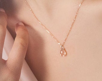 Light Pink Quartz Necklace, 9K 14K 18K Gold, Yellow White or Rose Gold, Natural Quartz Drop Pendant, Gold Chain with Gemstone Charm