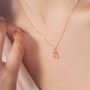 Light Pink Quartz Necklace, 9K 14K 18K Gold, Yellow White or Rose Gold, Natural Quartz Drop Pendant, Gold Chain with Gemstone Charm