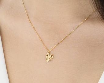 Gold Leaf Necklace, Monstera Leaf Necklace, 14K Gold Necklace, Yellow Gold, Rose Gold, Tropical Necklace, Monstera Leaf, Exotic Gold Pendant