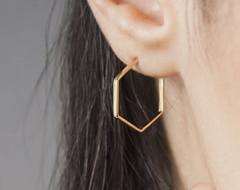 Gold Hexagon Hoops, 9K 14K 18K Gold Earrings, Solid Gold, Minimal Everyday Earrings, Geometric Jewelry, Gift for Her