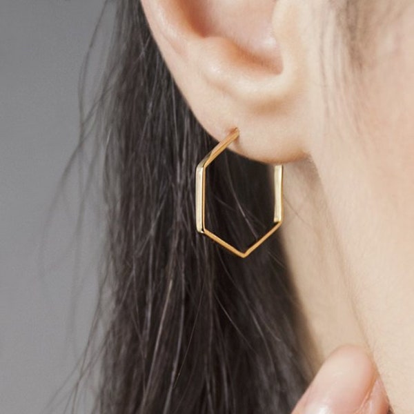Gold Hexagon Hoops, 9K 14K 18K Gold Earrings, Solid Gold, Minimal Everyday Earrings, Geometric Jewelry, Gift for Her