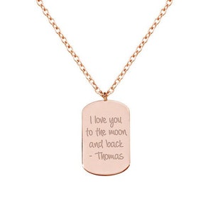 Collier plaque personnalisée en or massif, pendentif avec breloque carte d'identité gravée, cadeau manuscrit pour elle