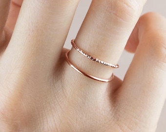 Double Gold Ring, Wire Midi Band Ring, 9K 14K 18K Gold Ring, Rose Gold, Delicate Gift For Her, Textured Solid Gold Wire Ring, Stacking Rings