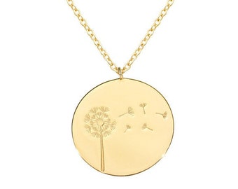 Engraved Dandelion Pendant, Solid Gold Charm Necklace, Personalized Engraving