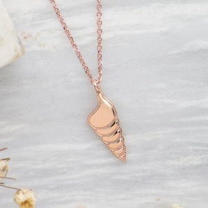 May include: A delicate rose gold necklace featuring a seashell pendant. The chain is thin and delicate, and the seashell is a simple, elegant design.