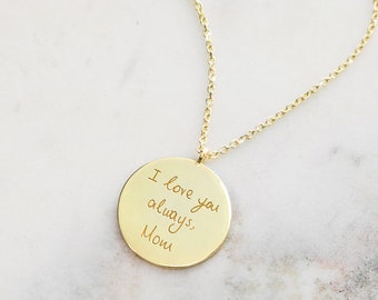 Gold Handwritten Pendant, 9K 14K 18K Gold Necklace, Both Sides Engravable Disc Charm, Personalized Jewelry, Custom Handwriting Gift For Her