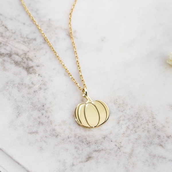 Pumpkin Necklace, Gold Pumpkin Pendant Necklace, 9K 14K Solid Gold, Halloween Jewelry, Trick or Treat, Engraved Gift, Thanksgiving Jewelry
