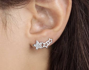 Diamond Star Climbers, White Gold Climbers, Triple Star Climbers, 9K 14K 18K Gold Earrings, White Gold, Luxury Earrings, Gold Gift For Woman