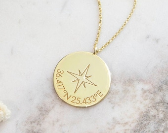 Compass Pendant Necklace in 9K 14K 18K Solid Gold, Yellow White or Rose, Custom Engraved Coordinates, Personalized Round Disc, Gift for Her