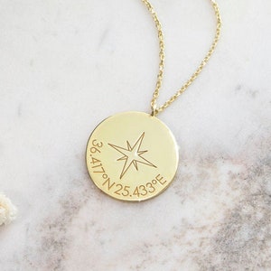 Compass Pendant Necklace in 9K 14K 18K Solid Gold, Yellow White or Rose, Custom Engraved Coordinates, Personalized Round Disc, Gift for Her