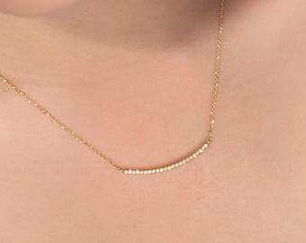 Diamond Gold Bar, 9K 14K 18K Yellow Gold Necklace, Diamond Necklace, Gold Bar Necklace, White Diamond Bar, Gold Curved Bar, Gift For Women