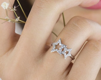 Gold Diamond Star Ring, Double Star Design Band, 9K 14K 18K Gold Ring, White Gold, Wish Star Ring, Tiny White Natural Diamonds, Gift For Her