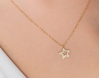 Gold Diamond Star Charm, 9K 14K 18K Yellow Gold Necklace, White Natural Diamond Pendant, Solid Gold Celestial Jewelry, Romantic Gift For Her