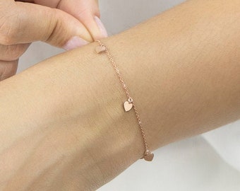 Multi Heart Charms Bracelet, 9K 14K 18K Gold Bracelet, Rose Gold, Multi Tiny Hearts, Solid Gold Love Bracelet, Romantic Gift For Girlfriend