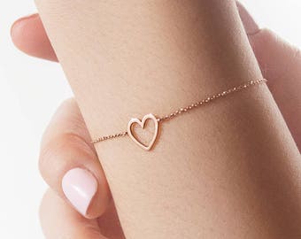 Gold Dainty Heart Charm, 9K 14K 18K Rose Gold Bracelet, Solid Gold Heart Frame, Love Forever Gift For Her, Romantic Heart Jewelry for Women