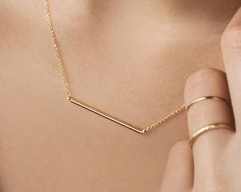 Solid Gold Thin Bar Necklace, Real Gold Necklace, Yellow Gold, Necklaces for Women, Layered Necklace, Horizontal Bar, Valentine&#39;s Day gift