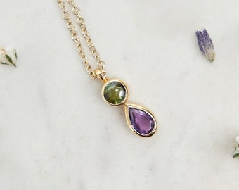 Two-Stone Pendant Necklace, Green Tourmaline and Amethyst, Natural Gemstones, Bezel Setting