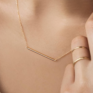 Solid Gold Thin Bar Necklace, Real Gold Necklace, Yellow Gold, Necklaces for Women, Layered Necklace, Horizontal Bar, Valentine&#39;s Day gift