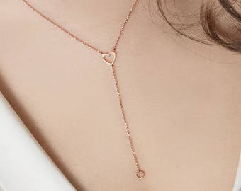 Collier coeur en or rose, collier en Y en or, collier en or 9 carats 14 carats 18 carats, collier romantique en Y, collier unique, bijoux coeur d'amour, cadeau pour elle