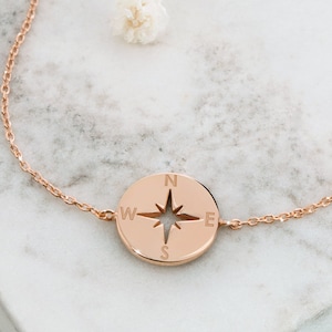 Tiny Gold Compass, 9K 14K 18K Gold Bracelet, Rose Gold, Small Compass Charm Bracelet, Solid Gold Chain, Nautical Jewelry, Gift For Daughter
