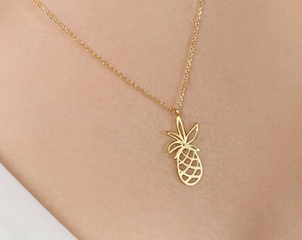 Gold Pineapple Charm Necklace with a Diamond, 9K 14K 18K Gold Necklace in Yellow White or Rose, Exotic Fruit Pendant, Tropical Summer Gift
