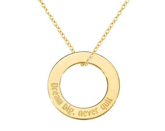 Personalized Circle Pendant, Round Engraved Charm, Solid Gold Necklace, Custom Gift for Her
