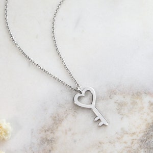 Tiny Gold Key Pendant, Dainty Heart Key Charm, 9K 14K 18K Gold Necklace, White Gold, Romantic Jewelry, Gold Love Necklace, Girlfriend Gift